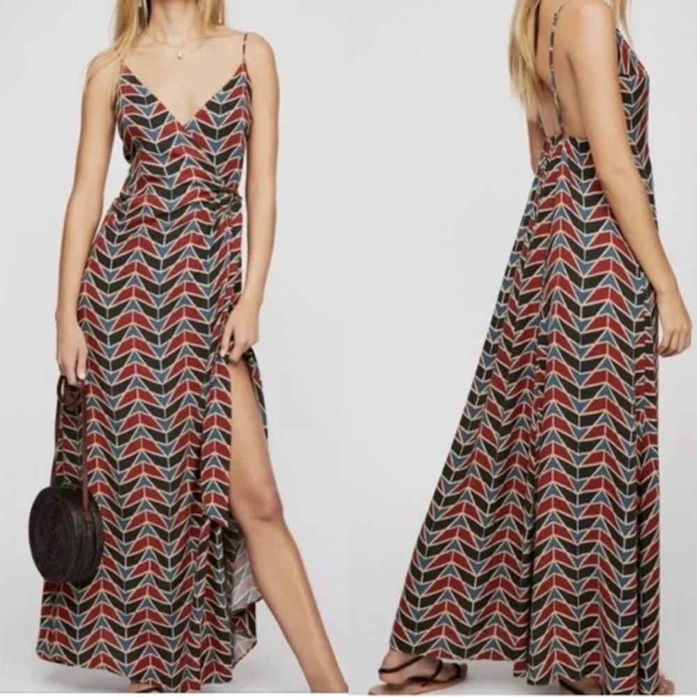 Free People Siren Wrap Maxi Dress Linen Adjustable Geometric Red Women Small